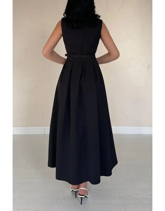 Omarı Siyah Pileli Elbise