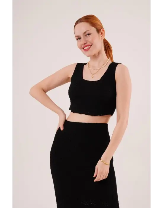 Omarı Örme Detaylı Siyah Takım