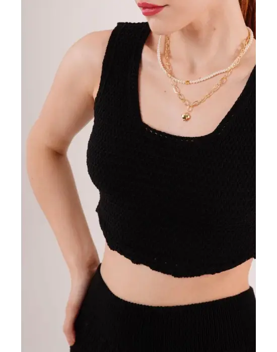 Omarı Örme Detaylı Siyah Takım