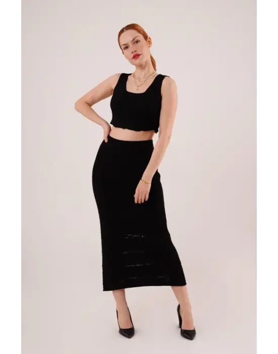 Omarı Örme Detaylı Siyah Takım