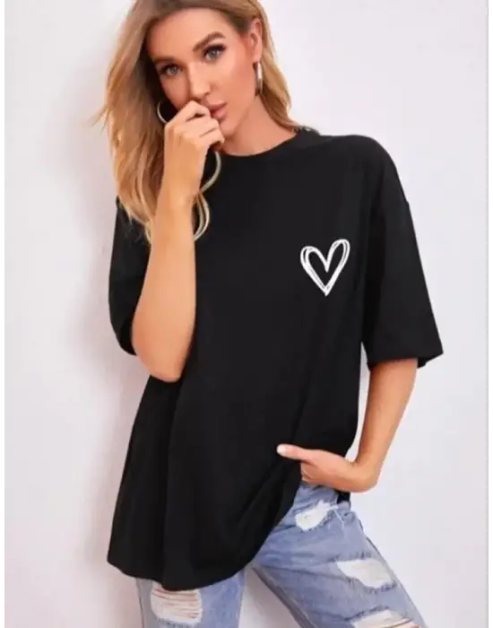 Omarı Siyah Bisiklet Desenli Oversize Tee