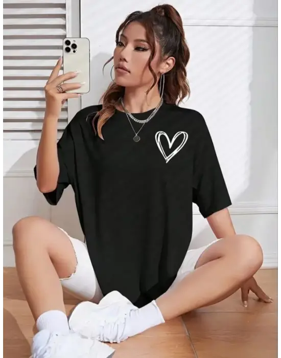 Omarı Siyah Bisiklet Desenli Oversize Tee