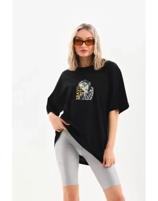 Omarı Siyah Baskılı Oversize T-Shirt