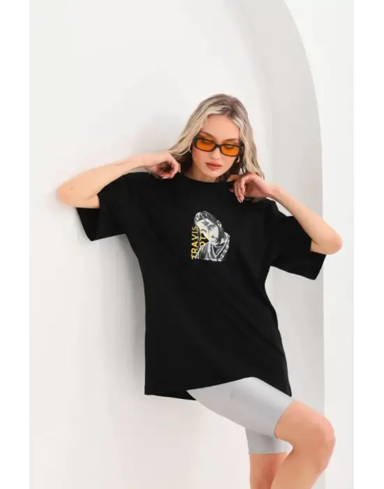 Omarı Siyah Baskılı Oversize T-Shirt