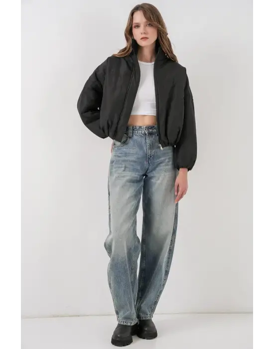 Siyah Oversize Bomber Şişme Mont 5124