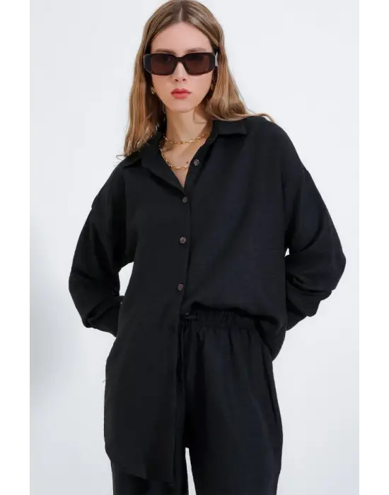 Siyah Oversize Keten Alt Üst Takım 6622