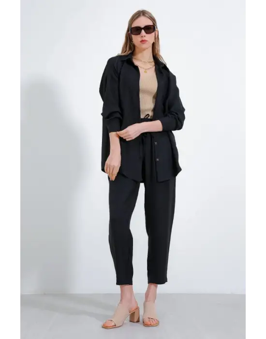 Siyah Oversize Keten Alt Üst Takım 6622