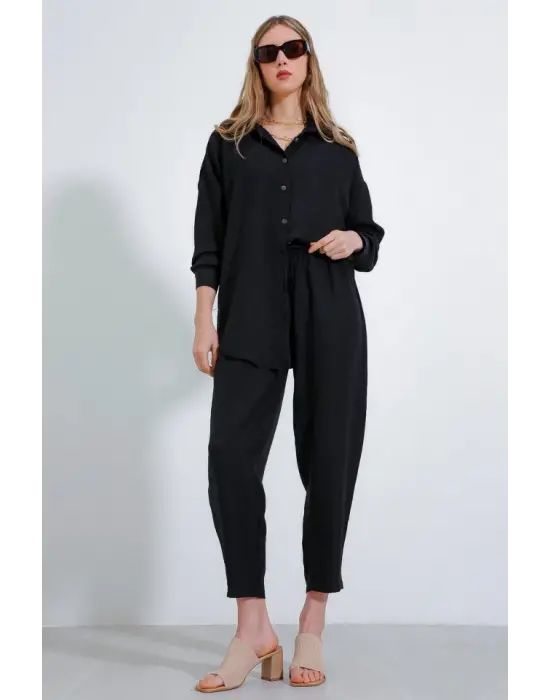 Siyah Oversize Keten Alt Üst Takım 6622