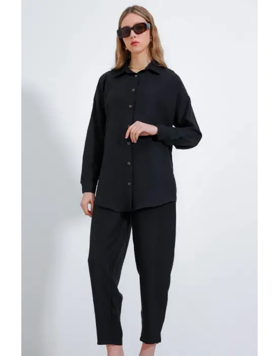 Siyah Oversize Keten Alt Üst Takım 6622
