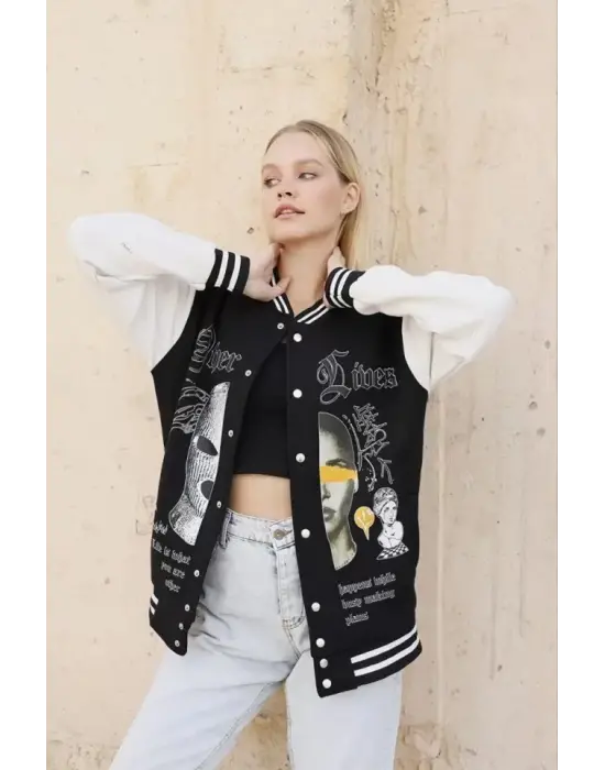 Omarı Şık Siyah Oversize Kolej Ceket