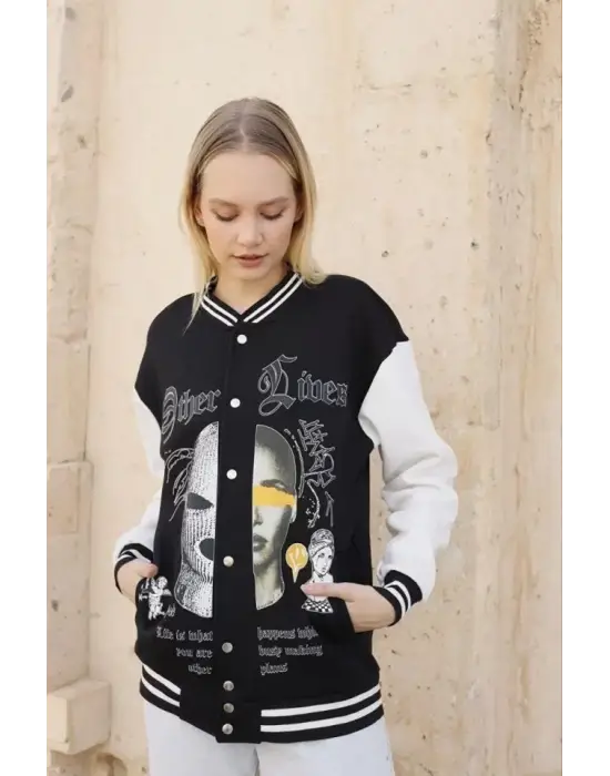 Omarı Şık Siyah Oversize Kolej Ceket