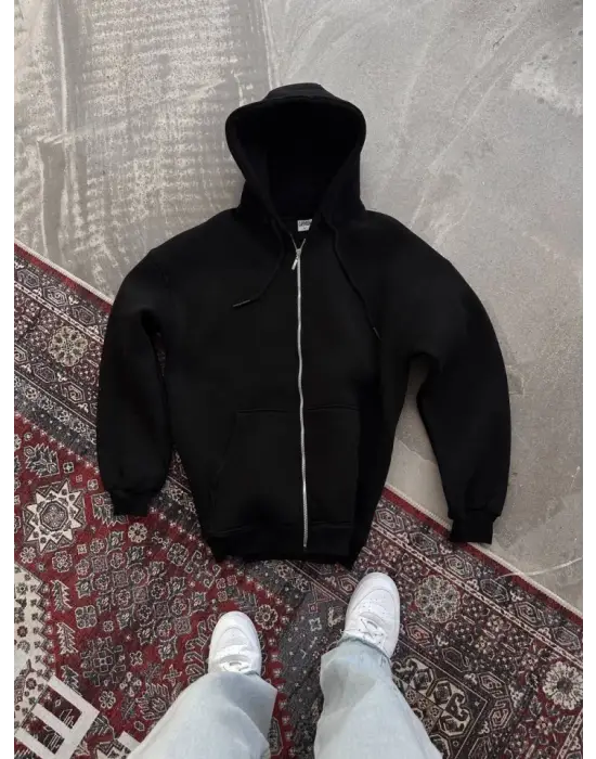 Omarı Siyah Oversize Tam Fermuarlı Hırka - Uzun Kol