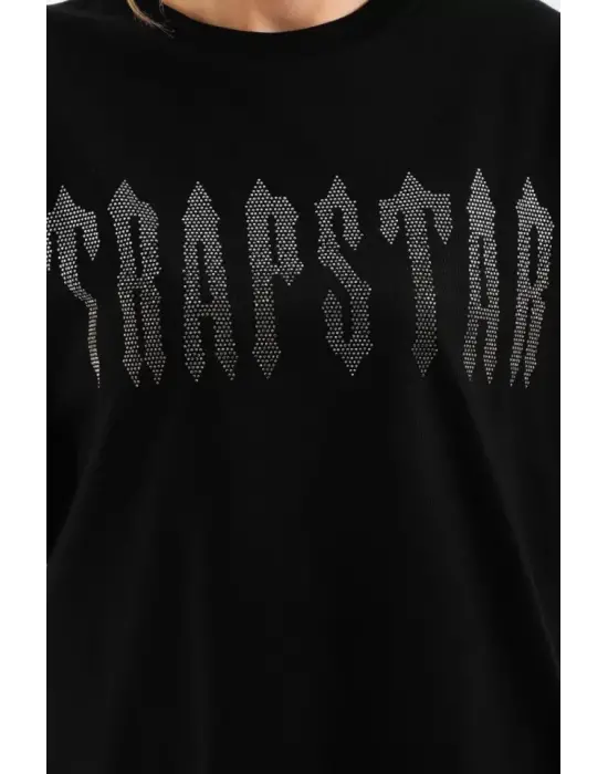 Omarı Siyah Taş Desenli Oversize T-Shirt