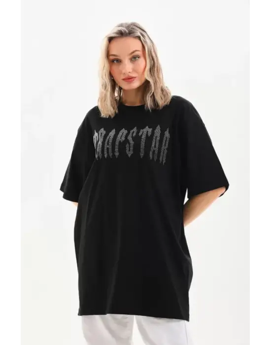 Omarı Siyah Taş Desenli Oversize T-Shirt