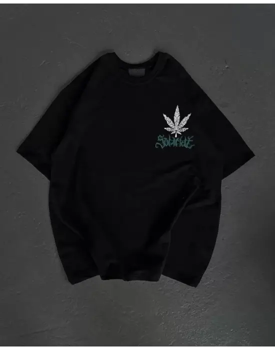 Omarı Baskılı Bisiklet Yaka Oversize T-Shirt - Siyah