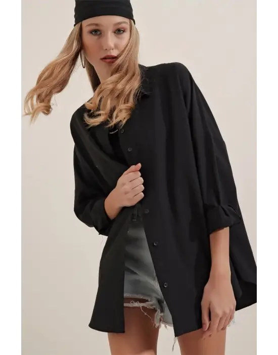 Siyah Oversize Uzun Basic Gömlek 3900