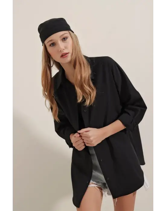 Siyah Oversize Uzun Basic Gömlek 3900