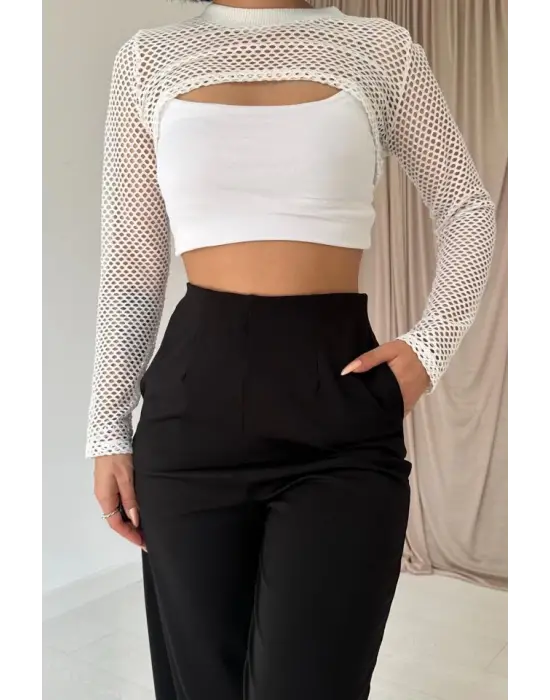 Omarı Lastik Detaylı Siyah Pantolon