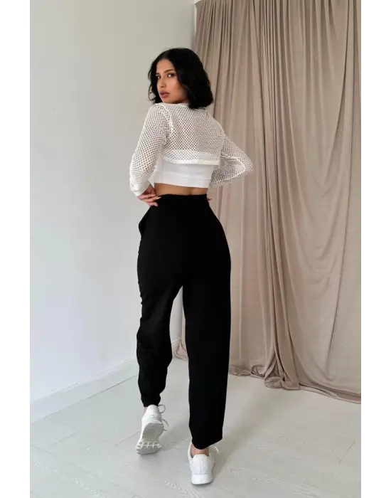 Omarı Lastik Detaylı Siyah Pantolon