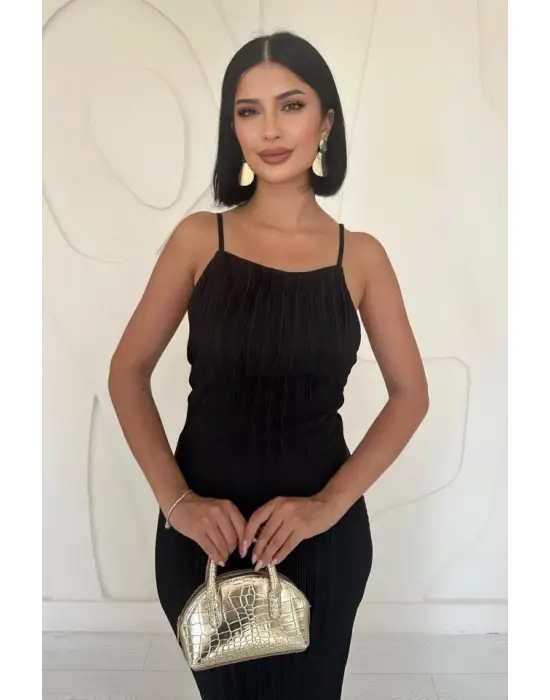 Siyah Piliseli Halter Boyun Elbise