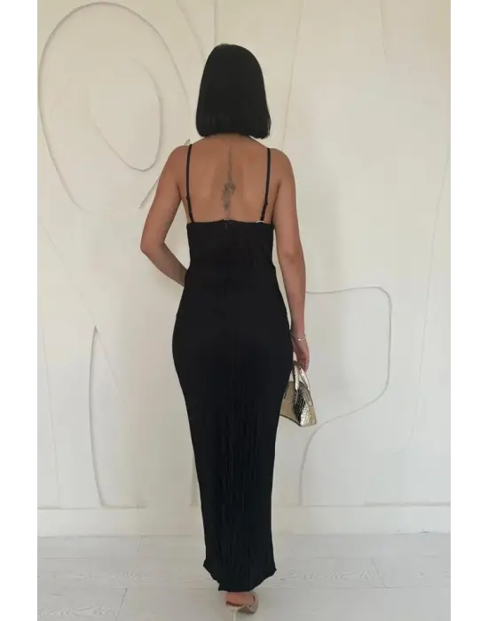 Siyah Piliseli Halter Boyun Elbise