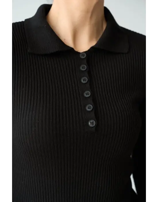 Omarı Siyah Polo Yaka Kazak Düğme Detaylı
