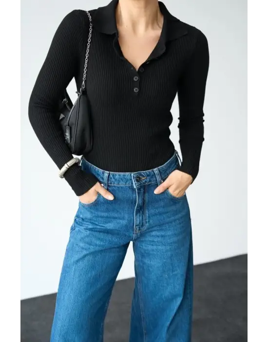 Omarı Siyah Polo Yaka Kazak Düğme Detaylı