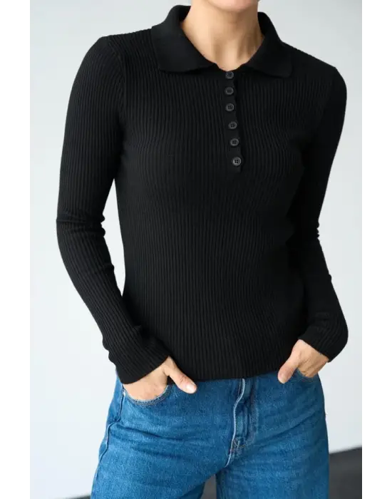 Omarı Siyah Polo Yaka Kazak Düğme Detaylı