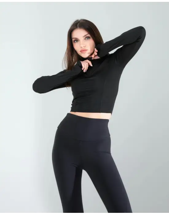 Omarı Esnek Kumaşlı Siyah Spor Body