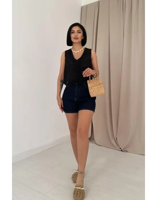 Siyah Sıfır Kol Brode Bluz