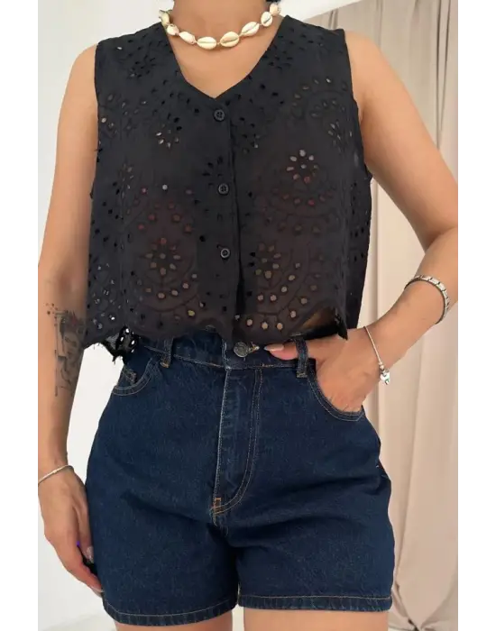 Siyah Sıfır Kol Brode Bluz