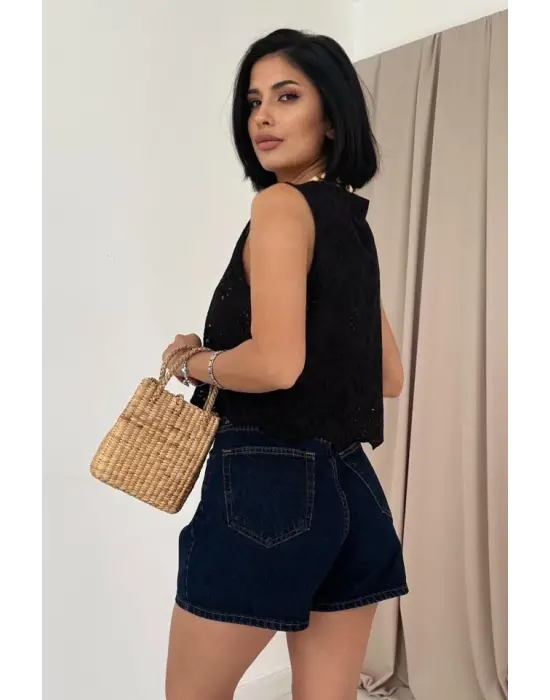 Siyah Sıfır Kol Brode Bluz