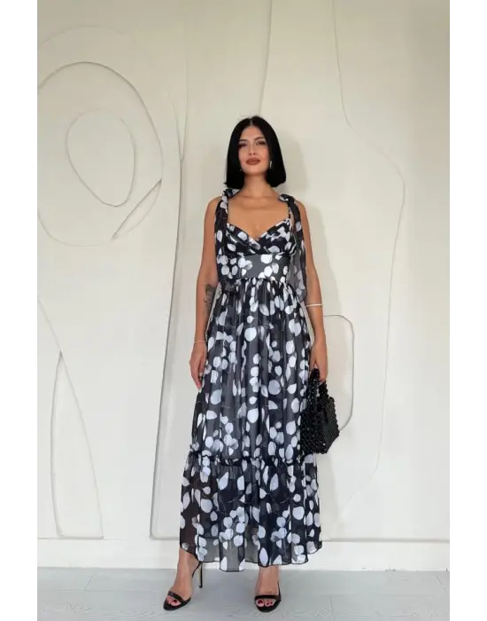 Omarı Şifon Drapeli Siyah Elbise - Şık ve Zarif Model