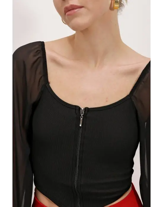 Siyah Şifon Önü Fermuarlı Bluz 0496