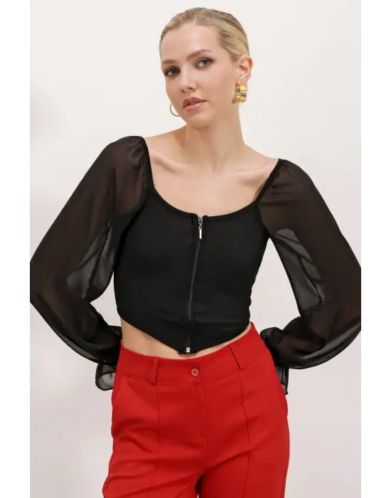 Siyah Şifon Önü Fermuarlı Bluz 0496