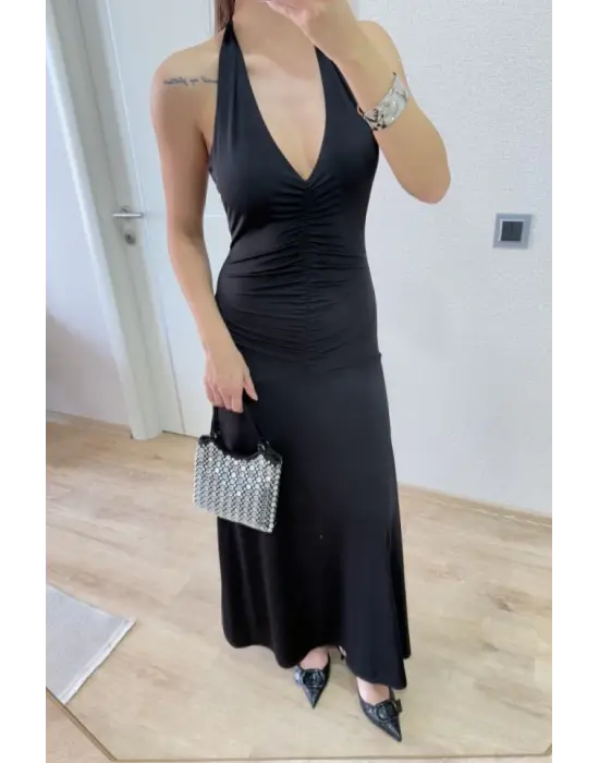 Omarı Elegan Siyah Sırt Dekolteli Elbise