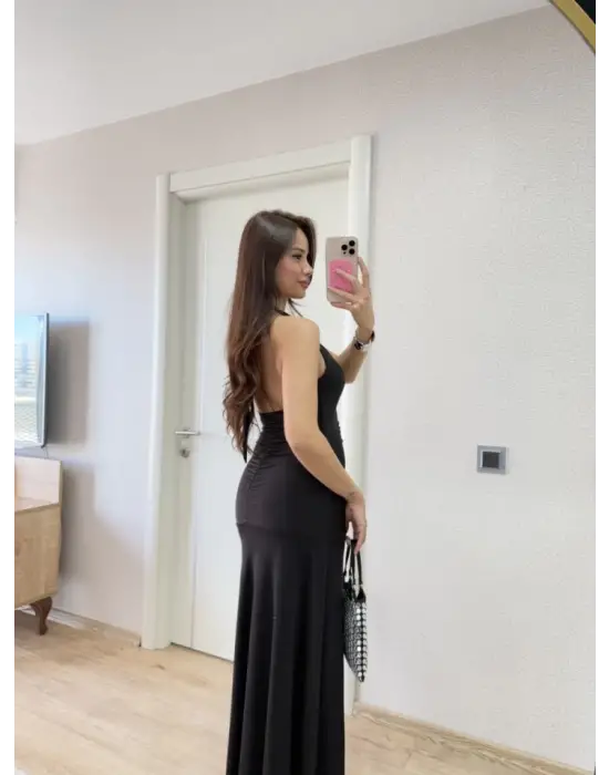 Omarı Elegan Siyah Sırt Dekolteli Elbise
