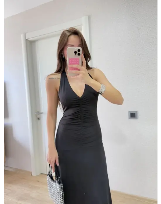 Omarı Elegan Siyah Sırt Dekolteli Elbise