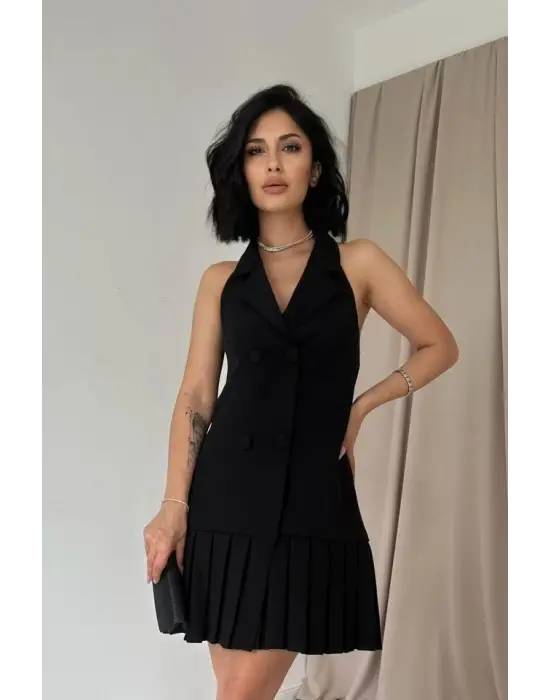 Siyah Sırtı Açık Ceket Yakalı Elbise