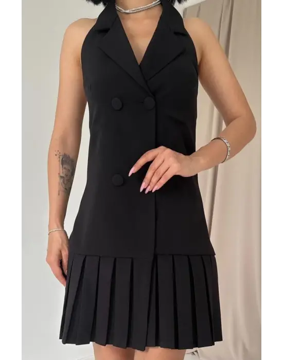 Siyah Sırtı Açık Ceket Yakalı Elbise