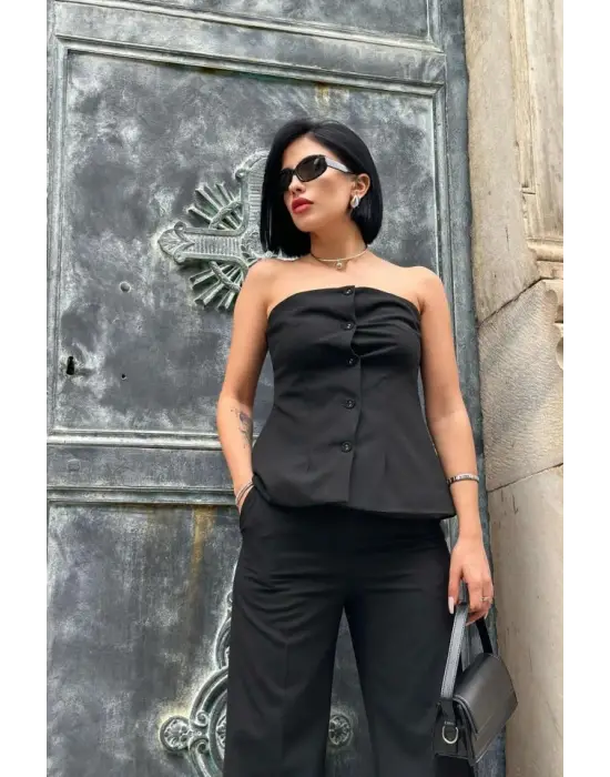 Siyah Straplez Düğmeli Crop Ve Pantolon Takım