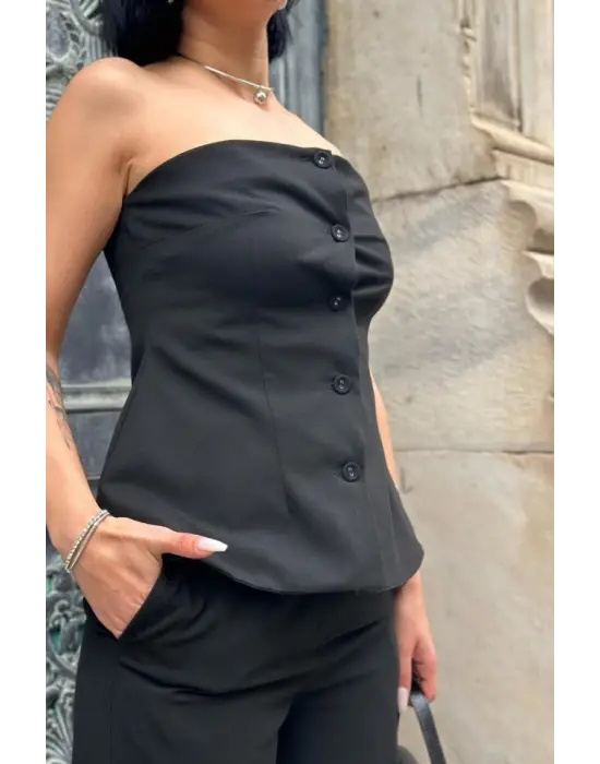 Siyah Straplez Düğmeli Crop Ve Pantolon Takım