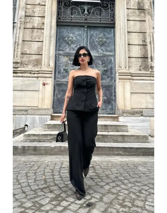 Siyah Straplez Düğmeli Crop Ve Pantolon Takım