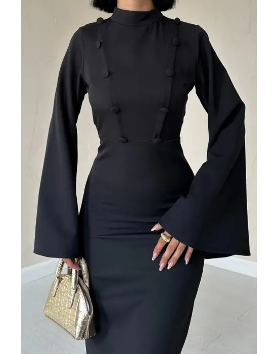 Omarı Zarif Siyah Tek Kollu Elbise