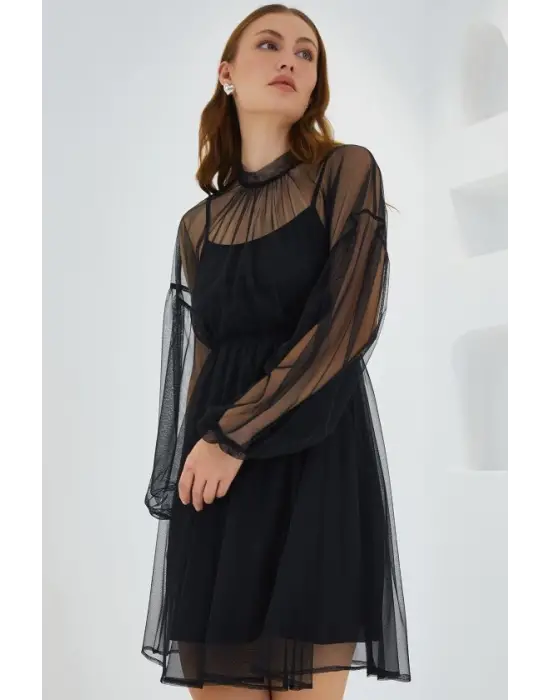 Siyah Tül Detaylı Mini Elbise 2485