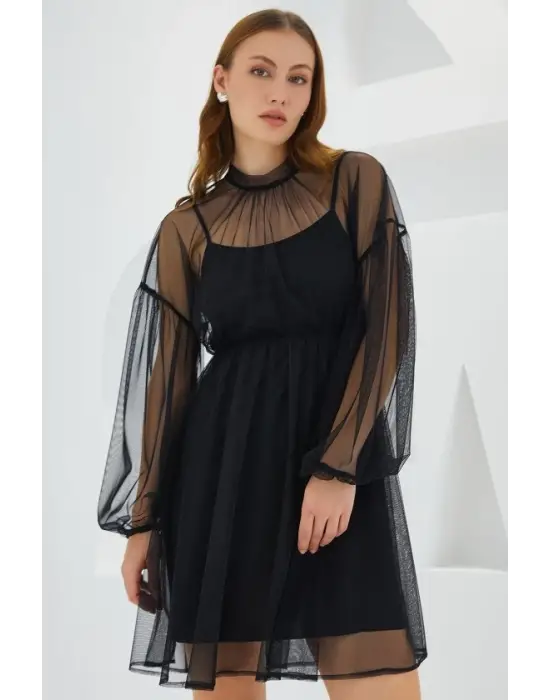 Siyah Tül Detaylı Mini Elbise 2485