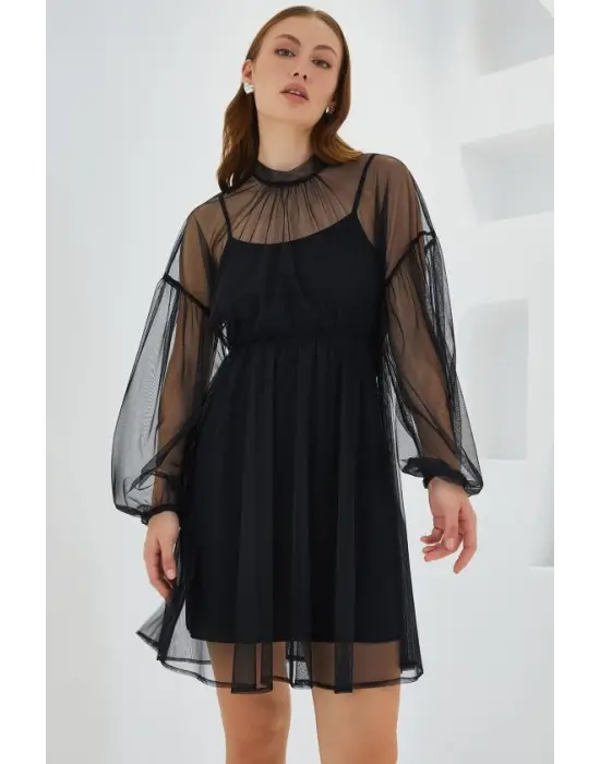 Siyah Tül Detaylı Mini Elbise 2485