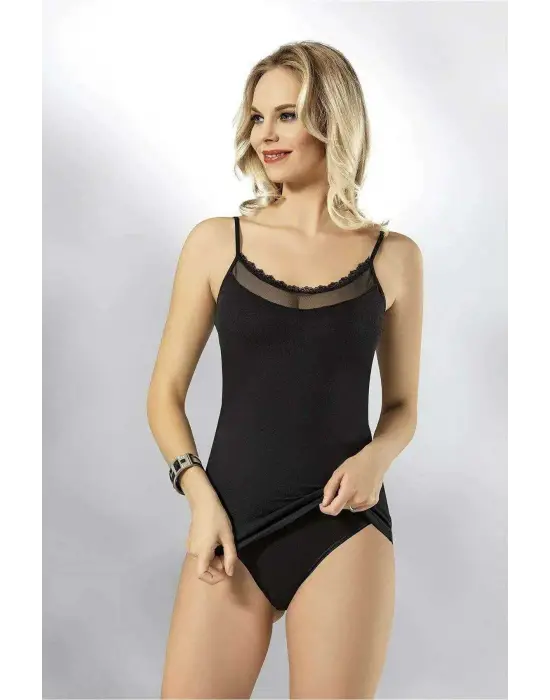 Omarı Tül Detaylı İp Askılı Siyah Atlet