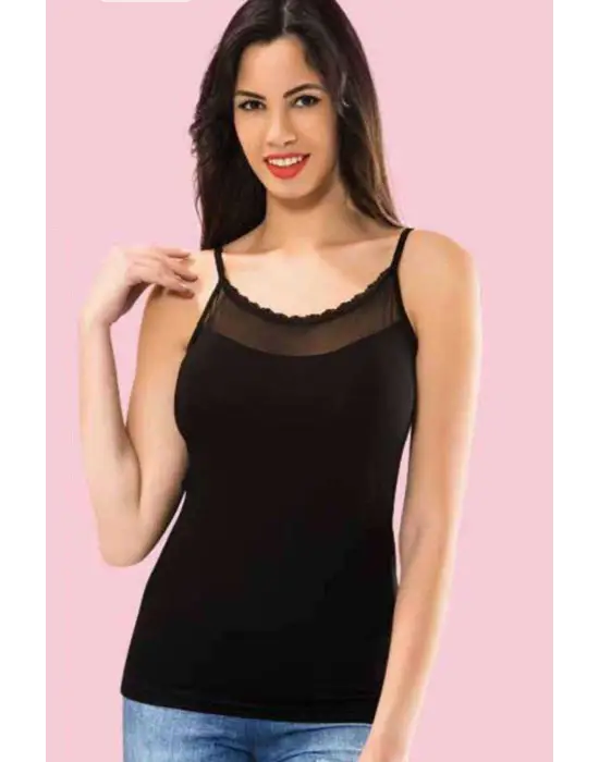 Omarı Tül Detaylı İp Askılı Siyah Atlet