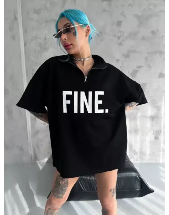 Omarı Baskılı Yarım Fermuarlı T-Shirt - Siyah